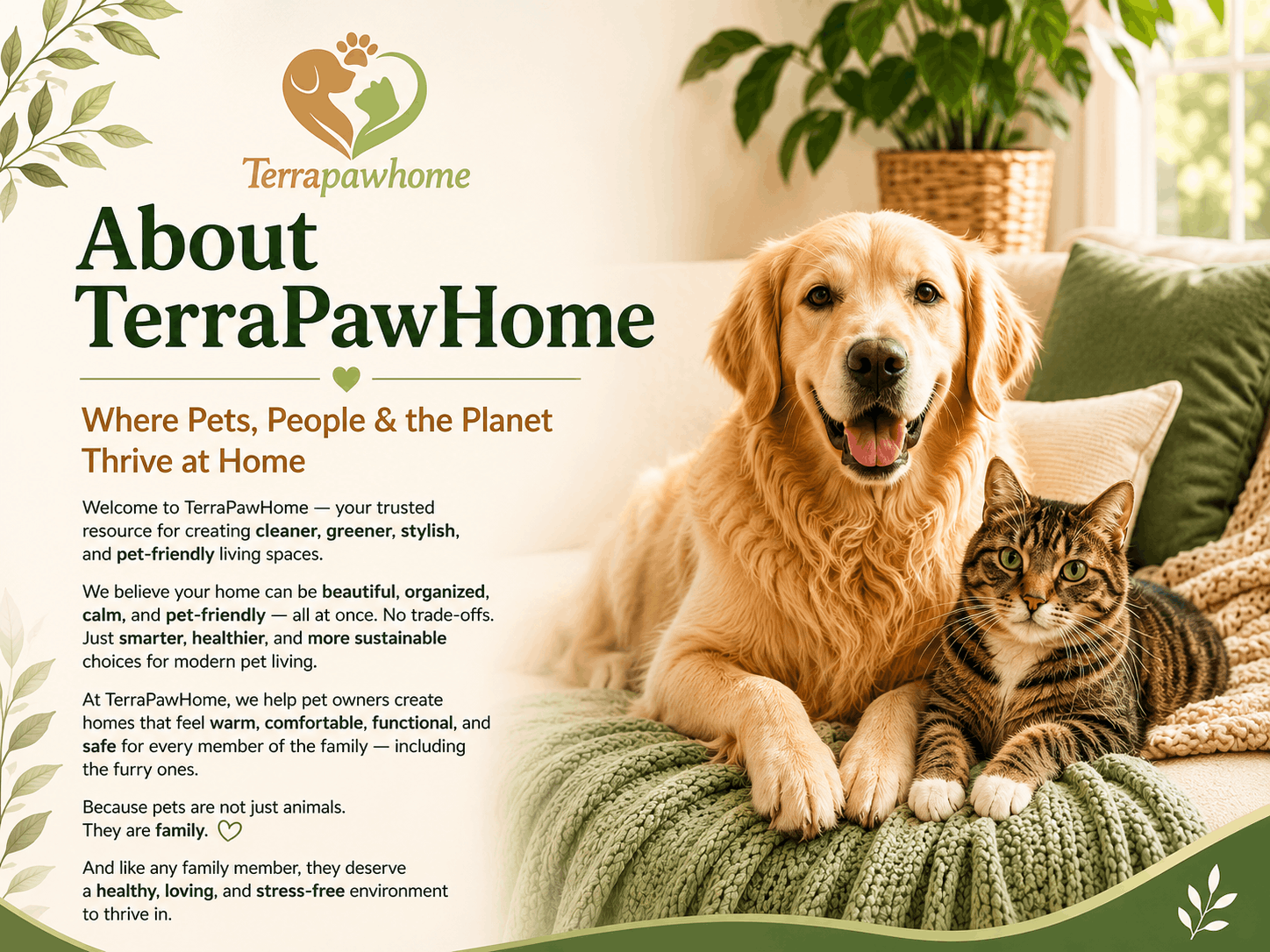 About Eco-friendly pet-friendly home lifestyle hero banner featuring TerraPawHome logo with golden retriever and cat in a modern cozy living room, promoting sustainable pet living and stylish pet-safe home design.