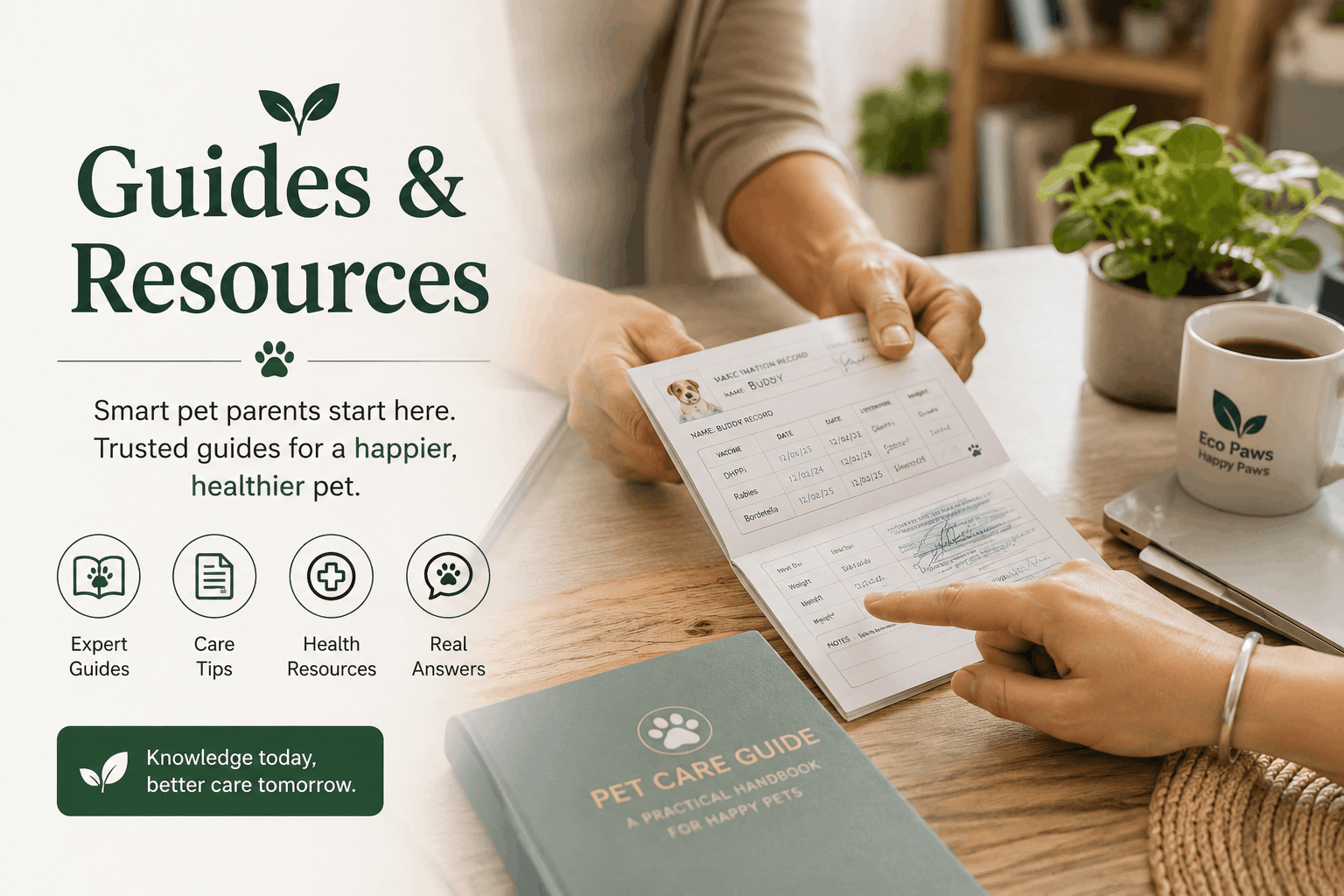 Pet care guides and wellness resources for pet parents in a cozy eco-friendly home office with natural light.
