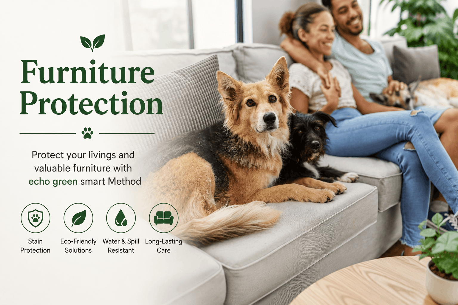 Pet-friendly living room with dogs on a modern sofa in a cozy eco-friendly home with natural light and furniture protection concept.
