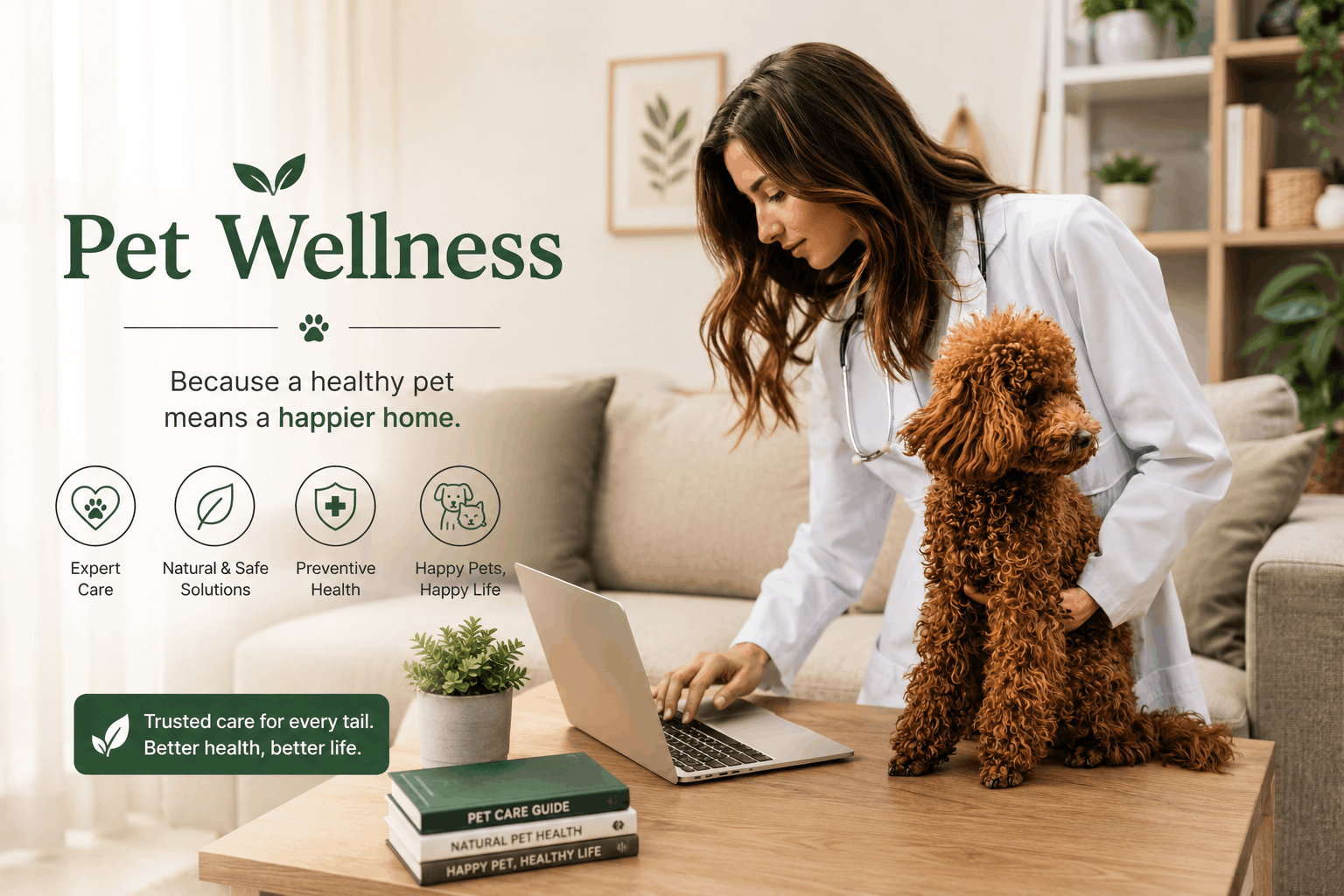 Pet wellness consultation with veterinarian and poodle dog in a cozy modern eco-friendly home.