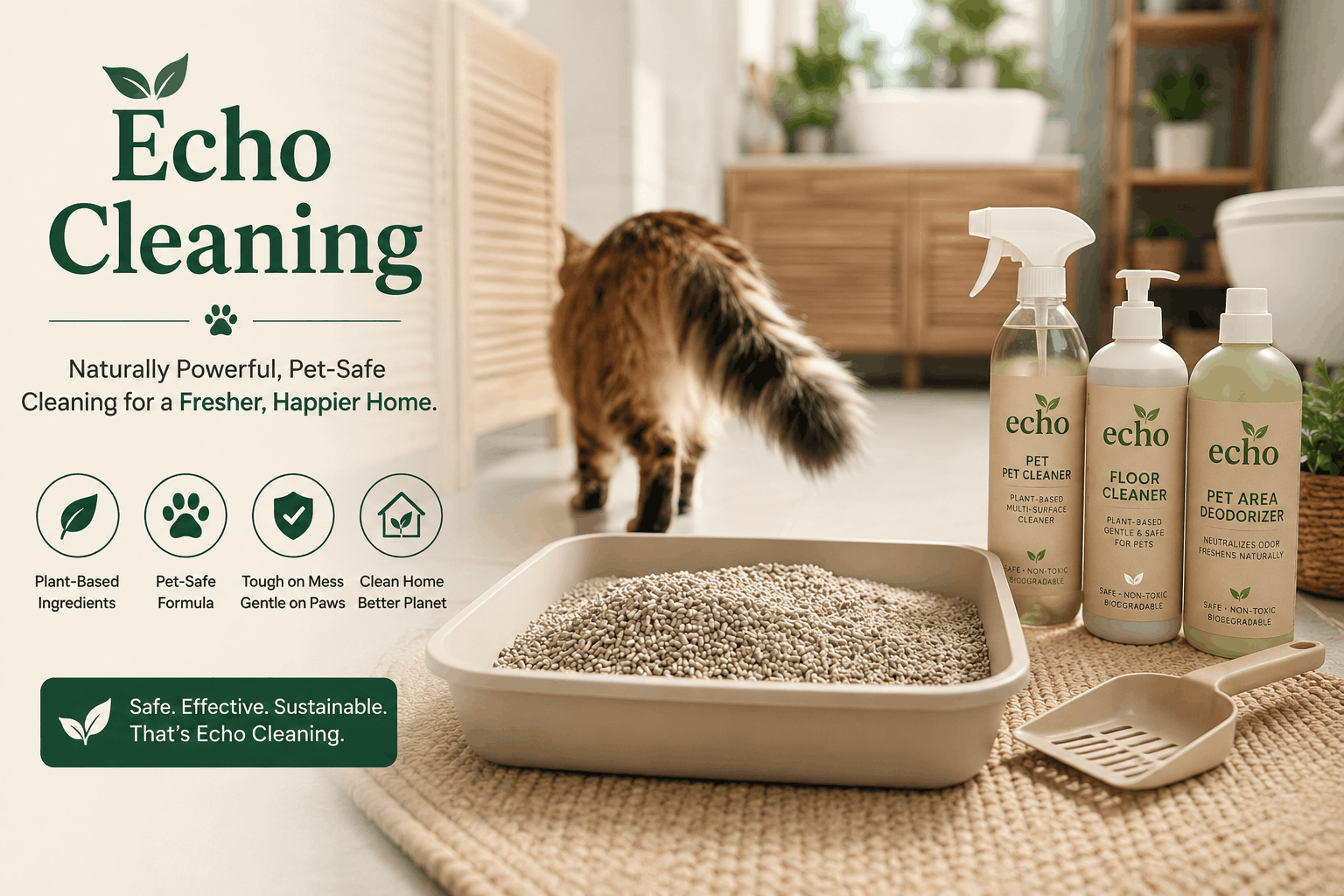 Eco-friendly pet-safe cleaning products with cat litter box in a modern cozy home and natural green cleaning atmosphere.