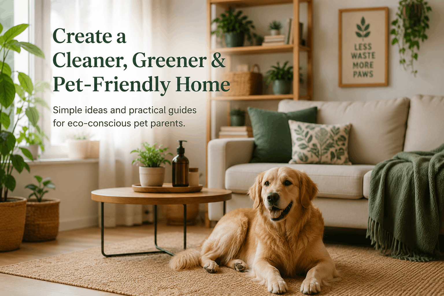 Cozy eco-friendly living room with modern decor, natural light, and a happy pet. Perfect inspiration for creating a cleaner, greener, pet-friendly home.