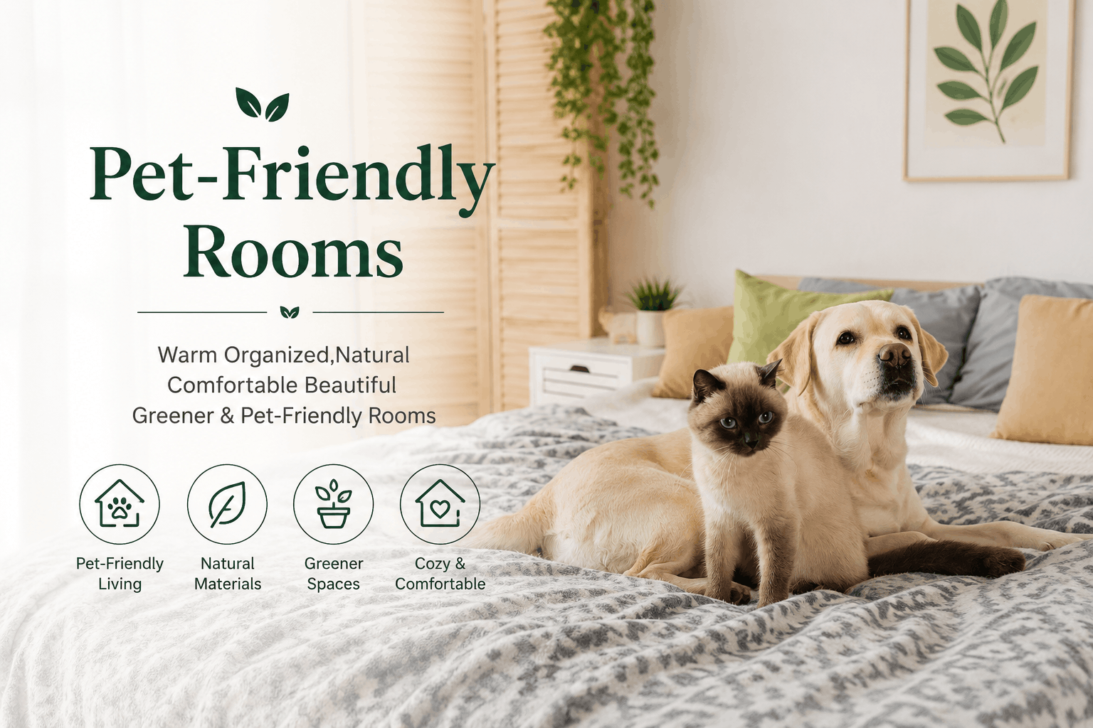 Cozy pet-friendly bedroom with a dog and cat on a modern bed in a warm eco-friendly home with natural light and calming decor.
