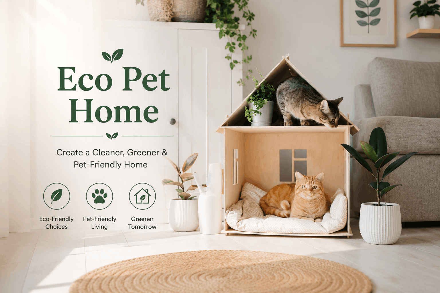 Eco-friendly pet home with cozy modern living room, natural light, and relaxing cats in a stylish wooden pet house.