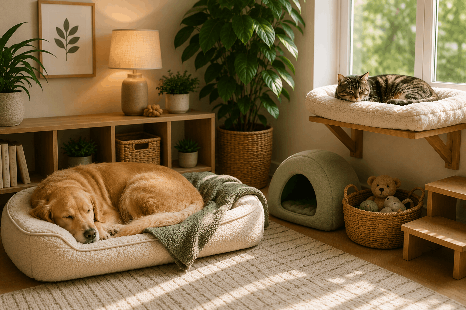 Calm pet-friendly home with a relaxed dog on a cozy bed, cat resting on an elevated perch, natural sunlight, indoor plants, and a peaceful wellness-focused environment.