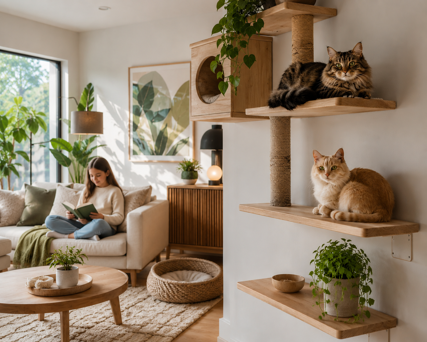 Young girl reading a book in a modern living room while two cats relax on wall-mounted cat shelves in a cozy cat-friendly home.