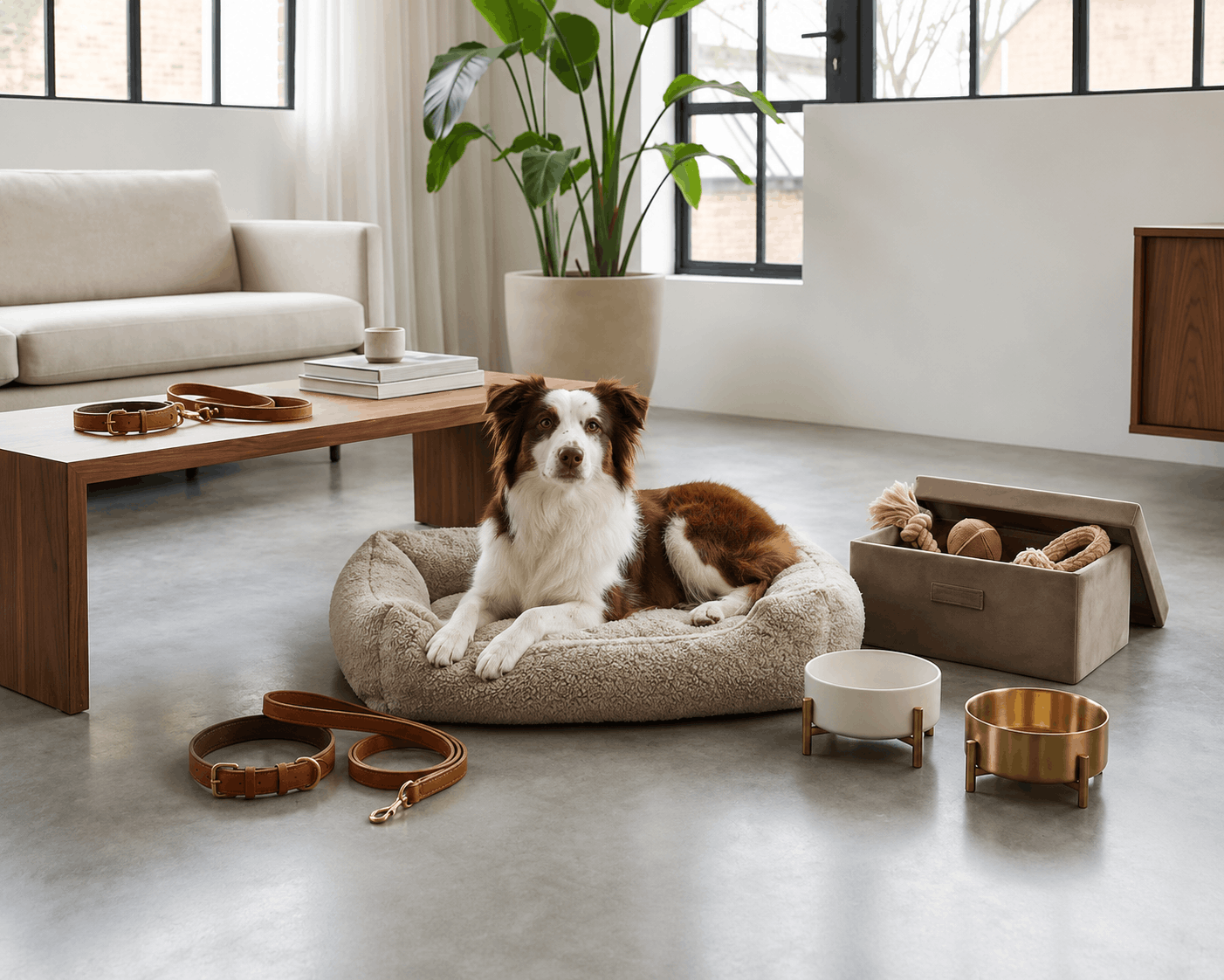 Cozy pet-friendly living room with a Border Collie dog relaxing on a soft cushion bed surrounded by modern home décor and pet essentials.