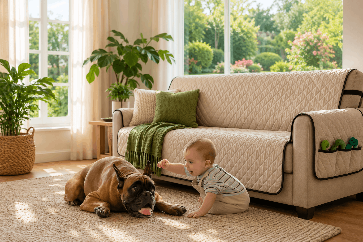 Dog resting beside a protected sofa while a baby plays nearby in a pet-friendly family living room.