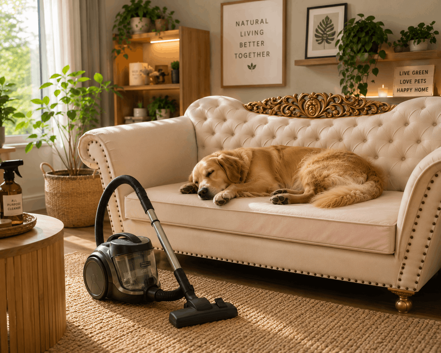 Sleeping dog resting on a sofa with a vacuum cleaner nearby in a bright eco-friendly living room designed for pet hair control and furniture protection.