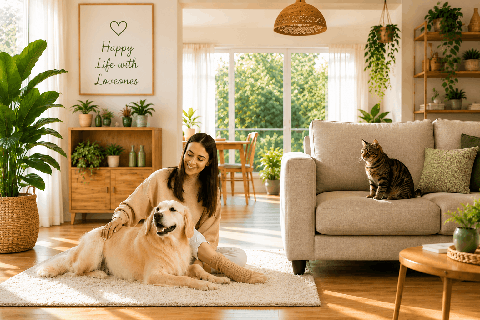 Woman relaxing with her dog in a bright eco-friendly living room while a cat sits on the sofa surrounded by indoor plants and natural sunlight.