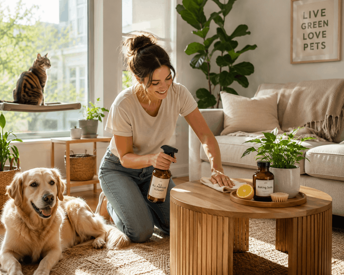 Pet owner cleaning a bright living room with natural cleaning supplies while a happy dog relaxes nearby and a cat sits on a window perch in an eco-friendly home.