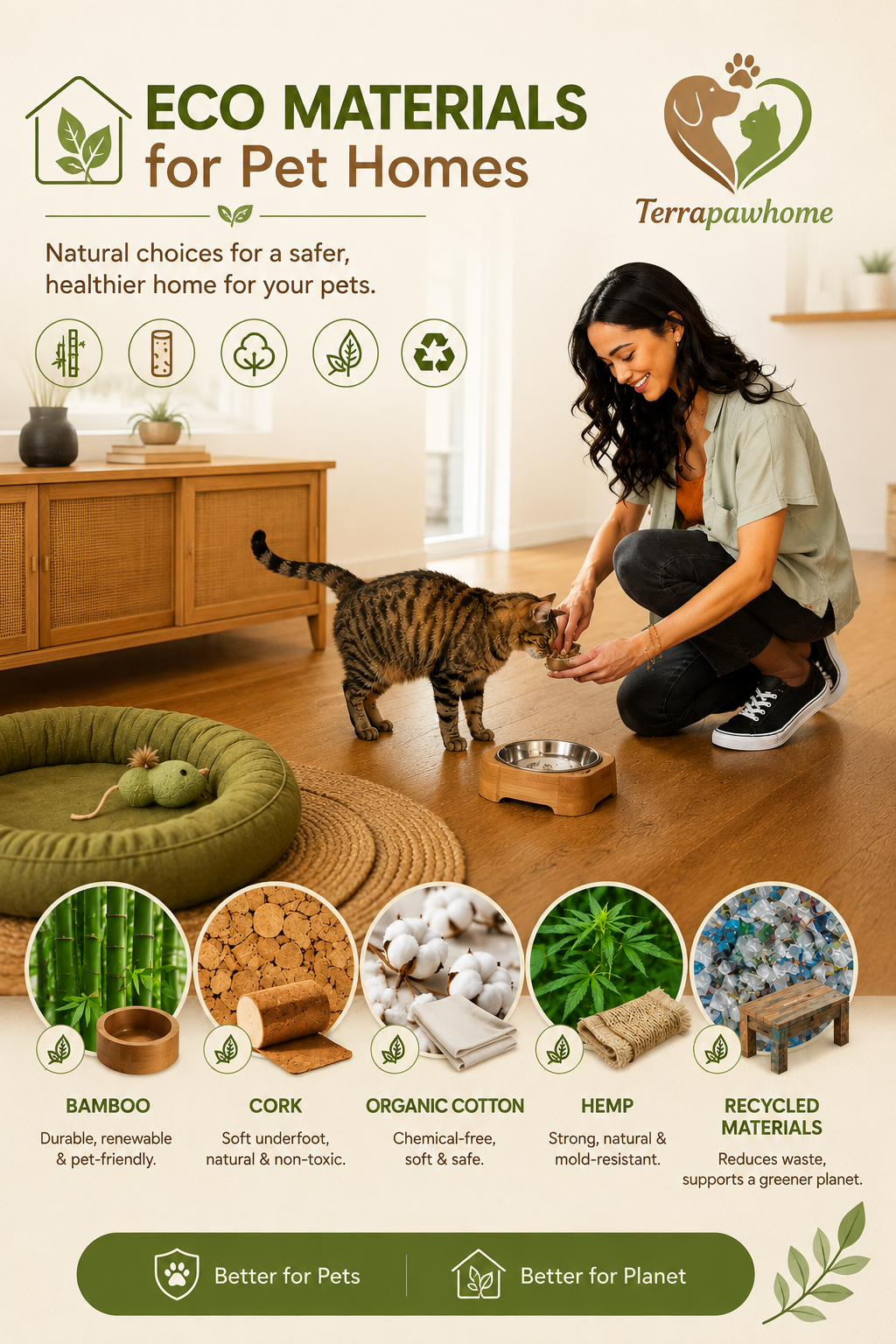 Woman feeding a cat in an eco-friendly pet home featuring sustainable materials including bamboo, cork, organic cotton, hemp, and recycled materials.