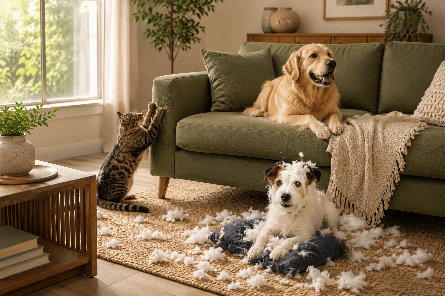 Dog resting on a green sofa and cat scratching furniture in a premium pet-friendly living room designed for furniture protection.