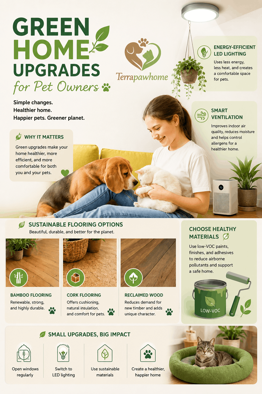 Green home upgrades for pet owners featuring energy-efficient LED lighting, improved ventilation, sustainable flooring, and eco-friendly materials to create healthier pet-friendly living spaces.