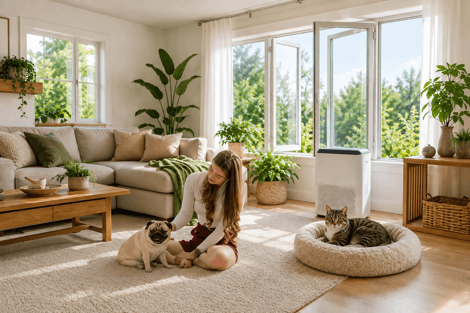 Bright pet-friendly living room with a woman, dog, cat, air purifier, open windows, indoor plants, and healthy indoor air quality for pets.