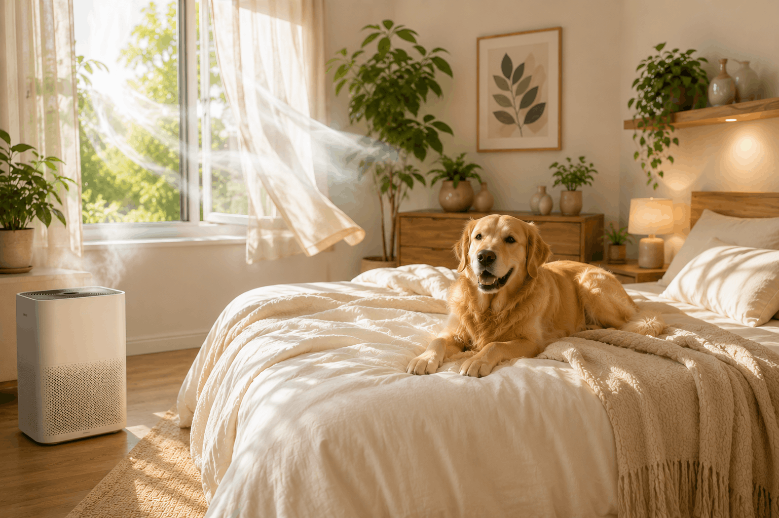 Golden retriever resting on a freshly made bed in a bright eco-friendly bedroom with open windows, natural sunlight, indoor plants, and a HEPA air purifier for household odor control.