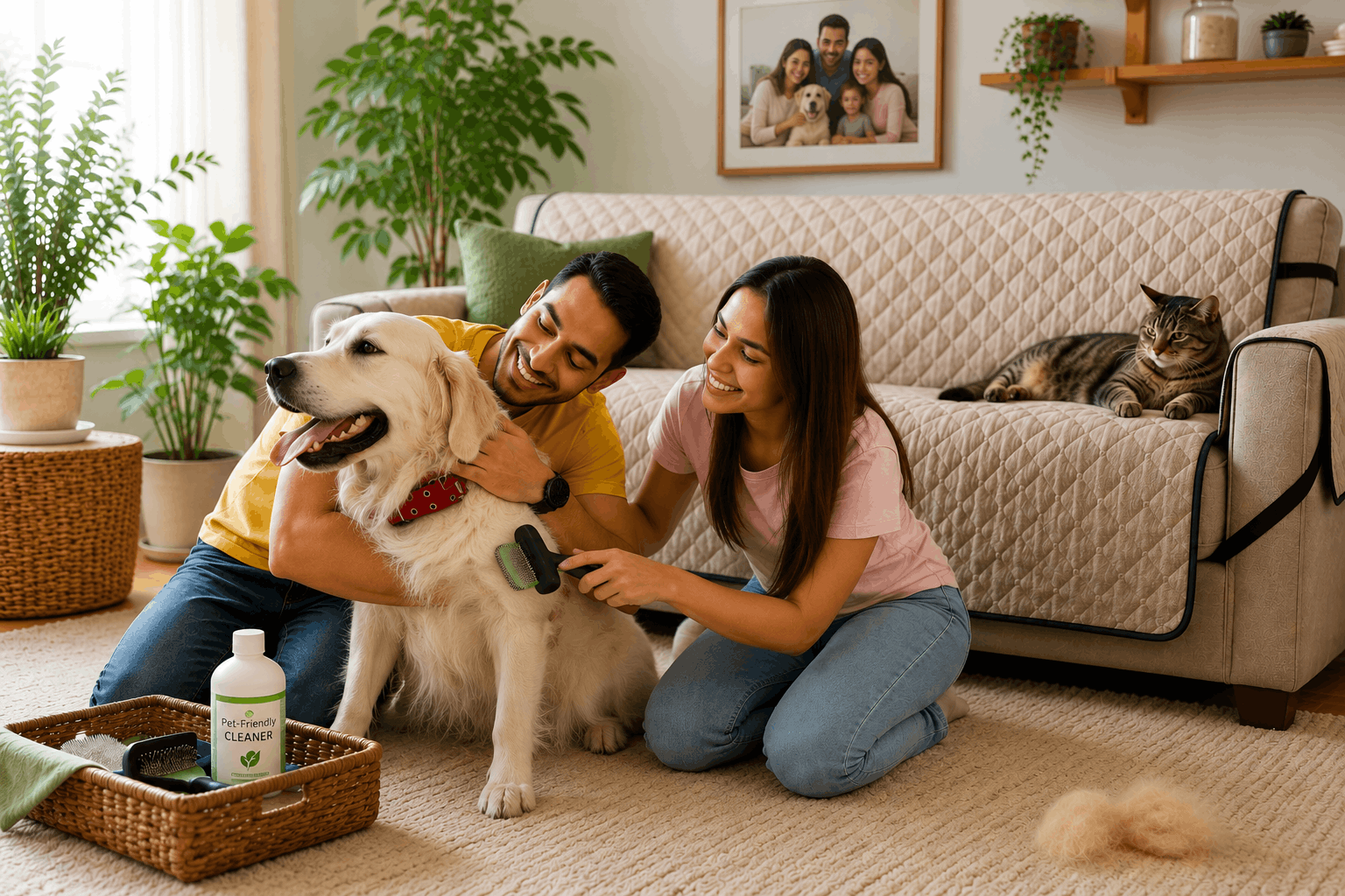 Pet owner brushing a dog beside a protected sofa while a cat relaxes nearby in a clean pet-friendly living room.