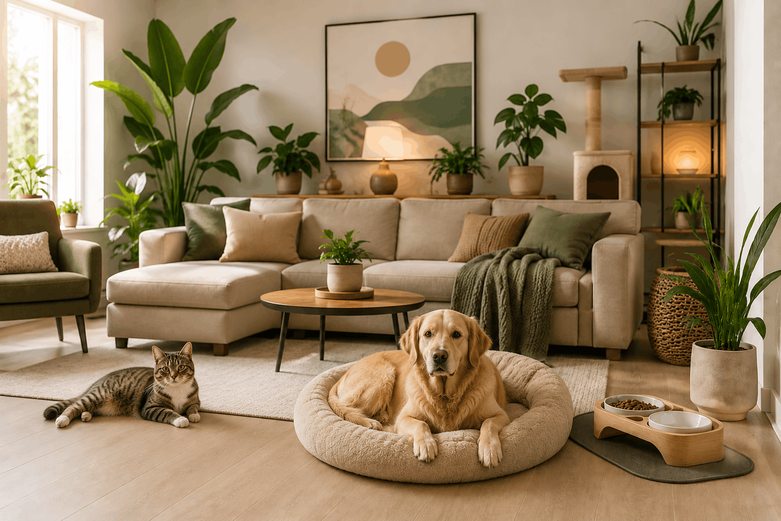 Modern pet-friendly living room featuring a calm dog resting on a pet bed, a cat indoors, clean floors, comfortable sofa, feeding station, and indoor plants.