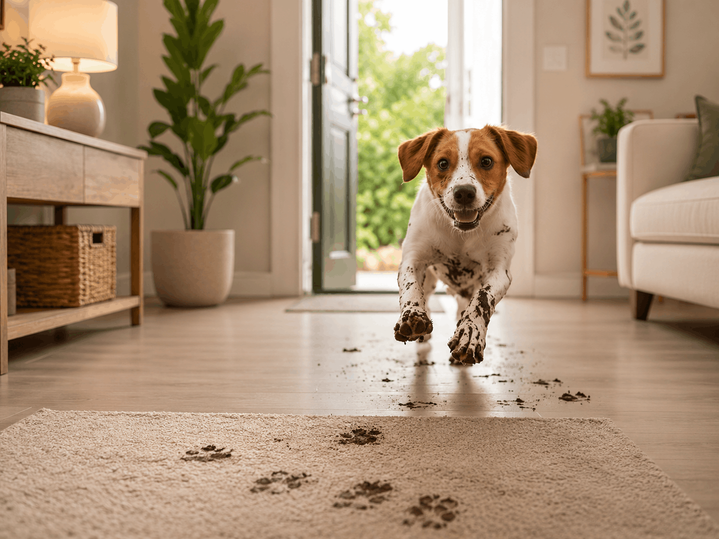 Dog with muddy paws entering a clean living room and leaving muddy paw prints on the floor in a pet-friendly home.