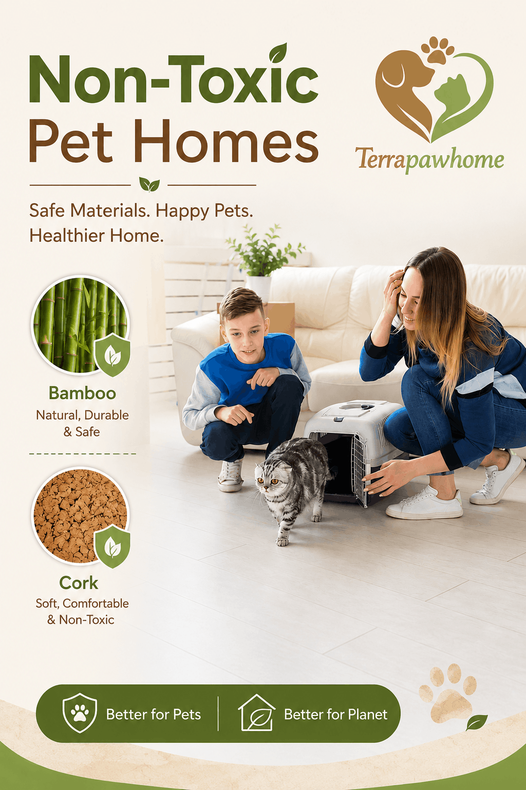 Family welcoming a cat into a non-toxic pet home featuring safe materials such as bamboo and cork for healthier pet-friendly living.