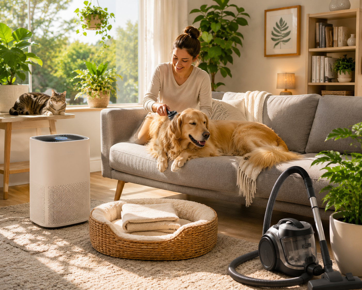 Pet owner grooming a golden retriever in a bright eco-friendly living room with a HEPA air purifier, vacuum cleaner, cat by the window, and clean pet bedding to reduce pet dander and indoor allergens.