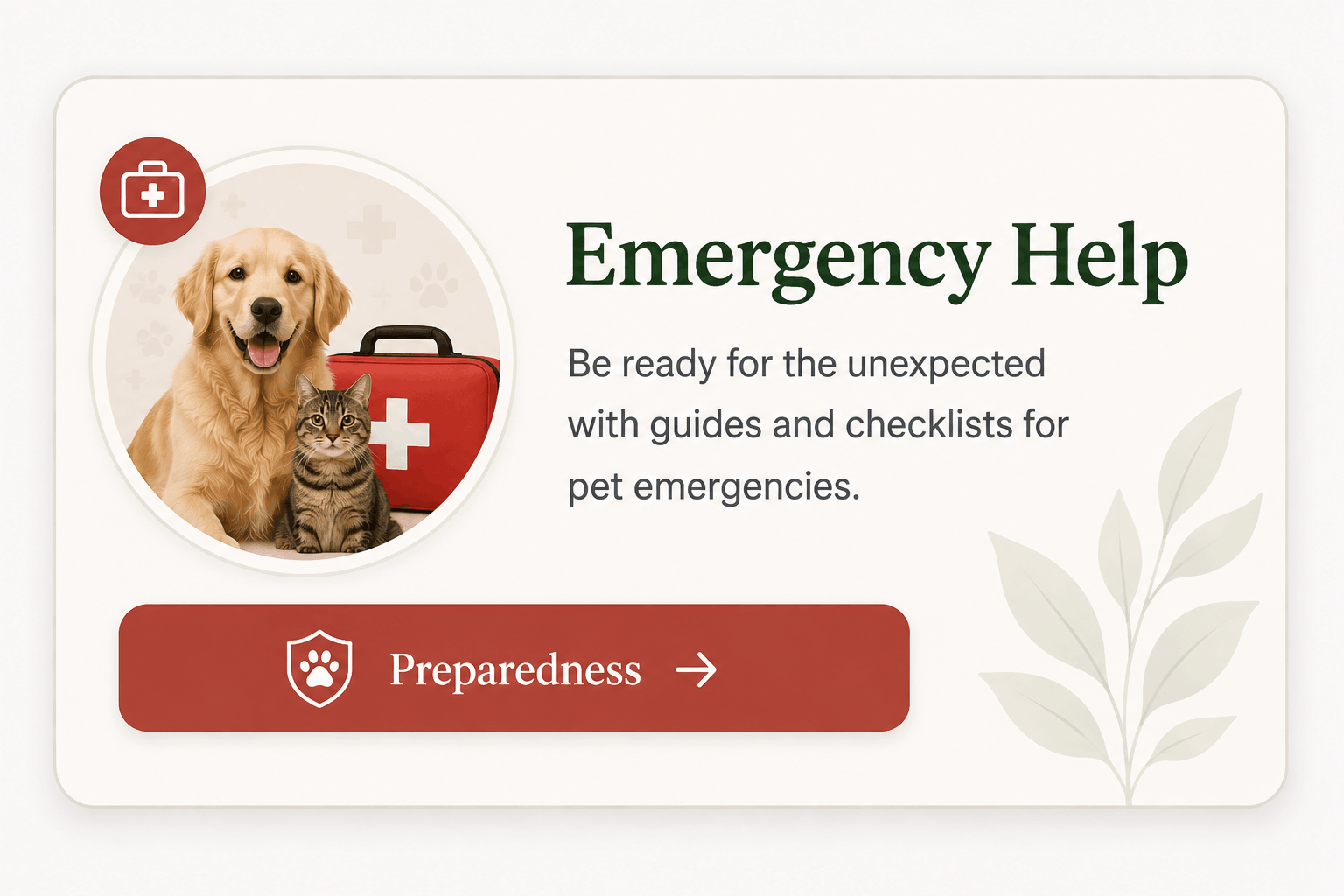 Emergency pet preparedness card featuring a dog, cat, and pet first aid kit.