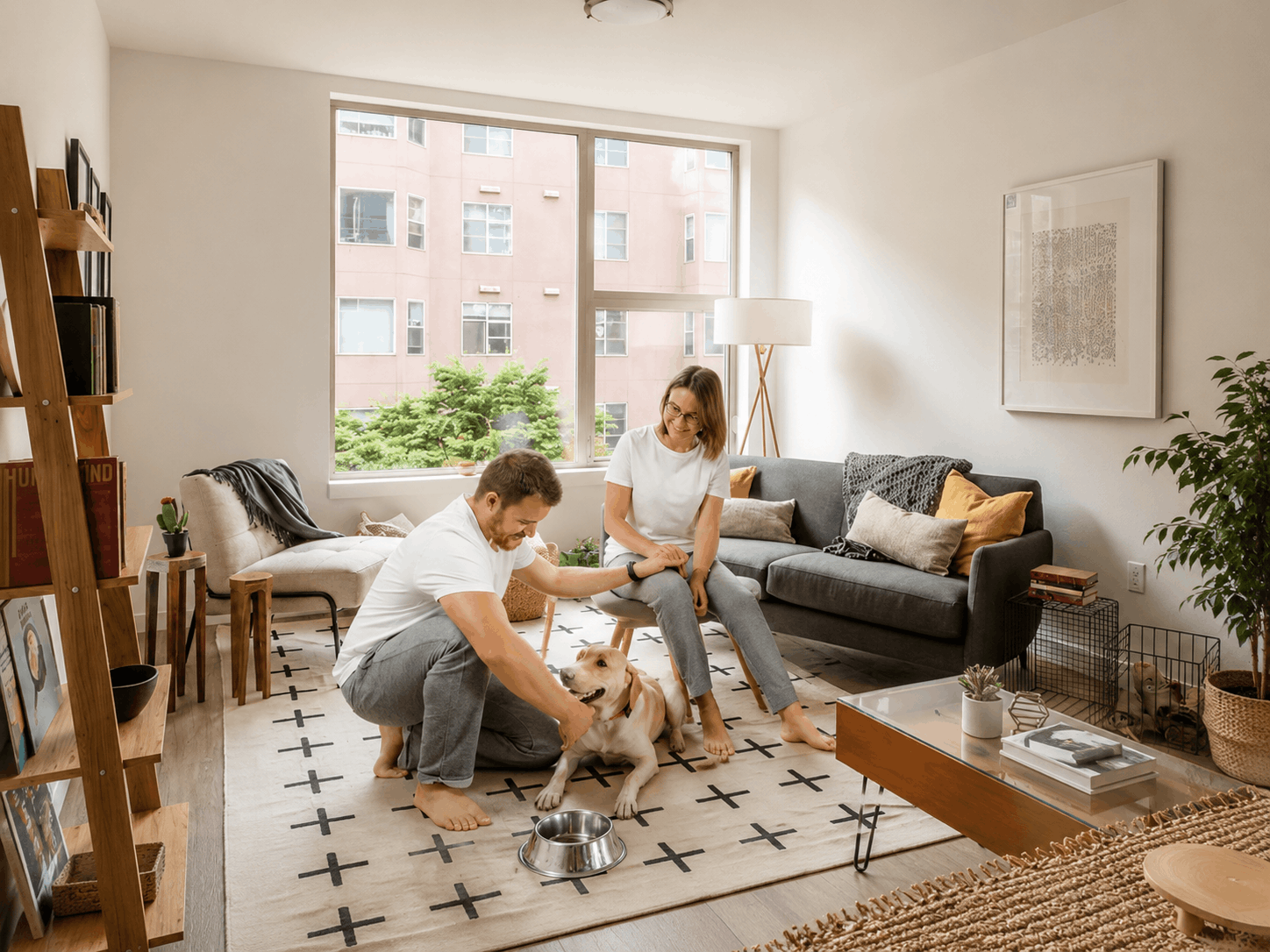 Young couple spending time with their dog in a modern pet-friendly apartment living room with cozy home décor.