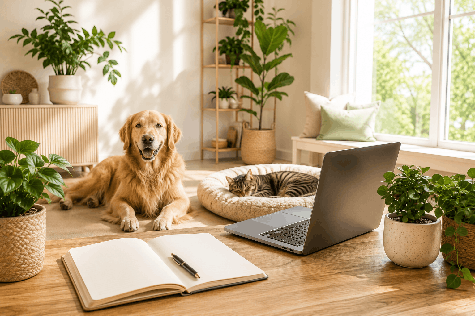 Pet-friendly home office with a happy dog, relaxed cat, laptop, notebook, pet-safe indoor plants, and natural sunlight in a modern eco-friendly living space.