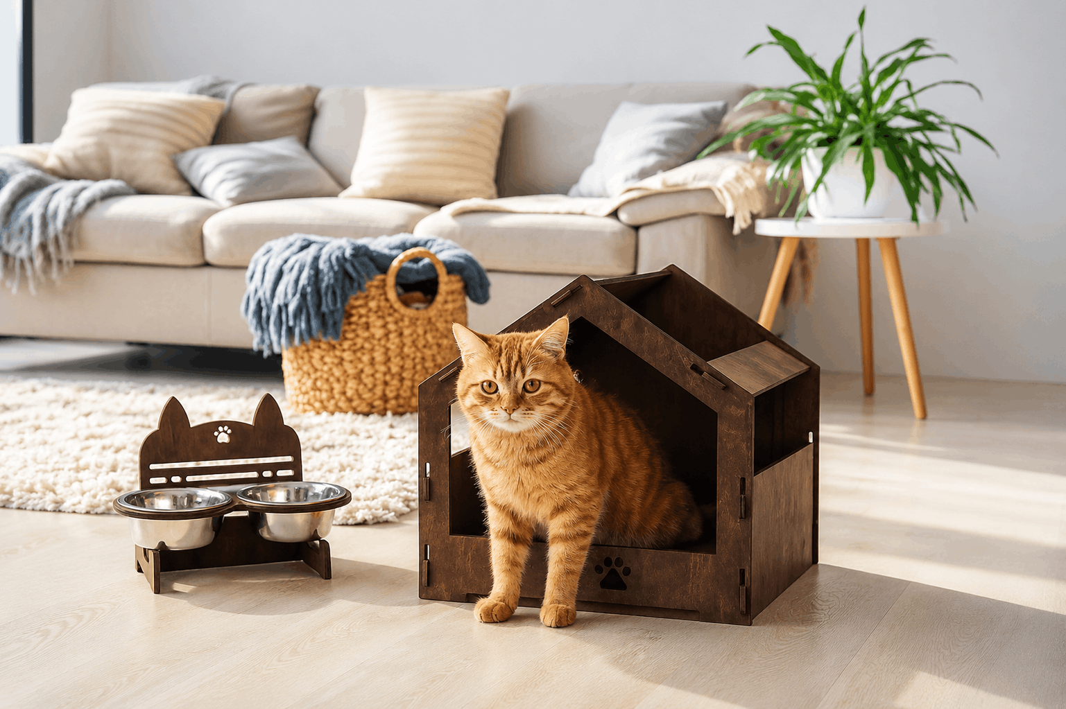 Pet-friendly living room designed for families with dogs and cats