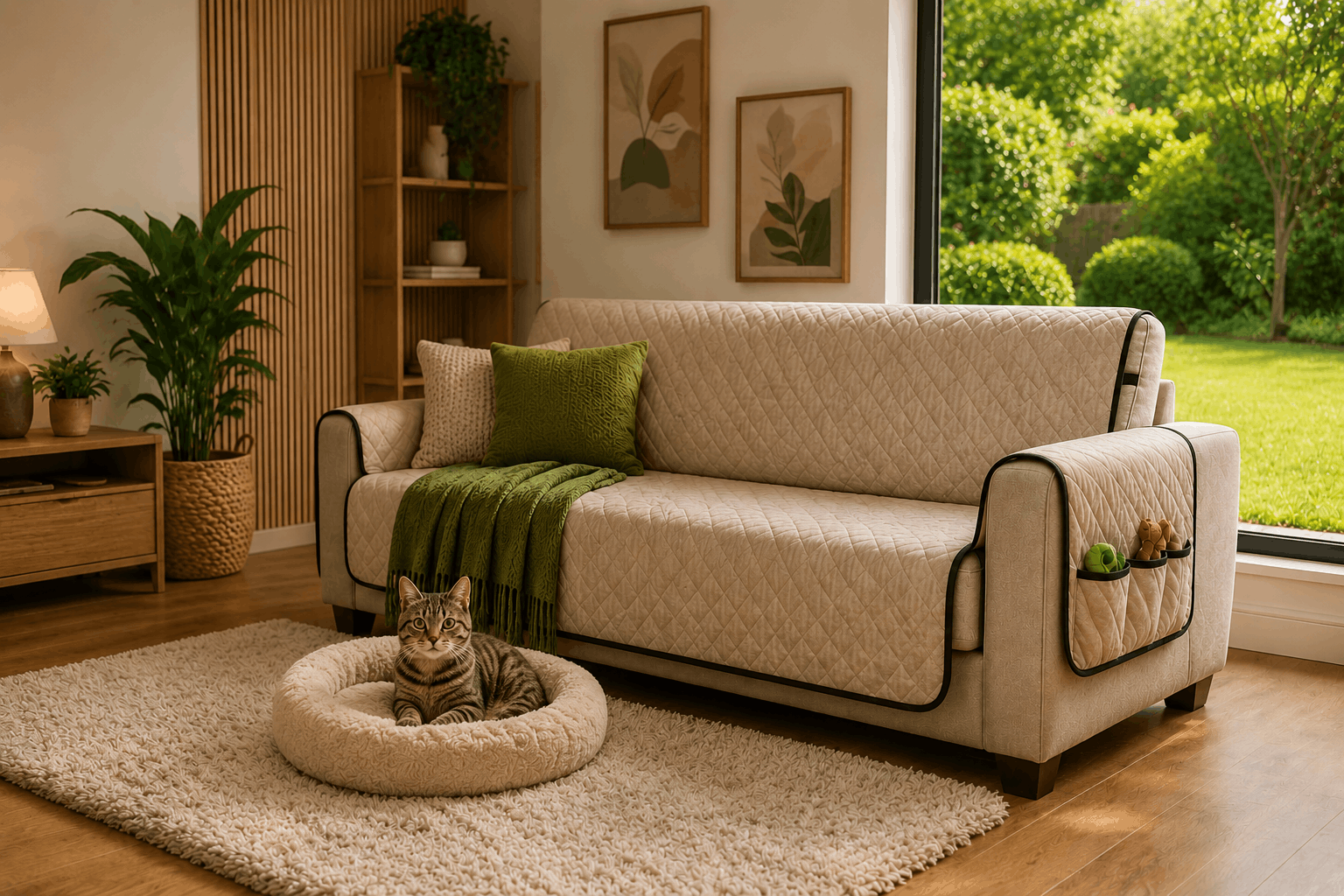 Modern living room with a quilted sofa protection cover, clean carpet, wooden flooring, indoor plants, and a calm cat resting in a pet bed.