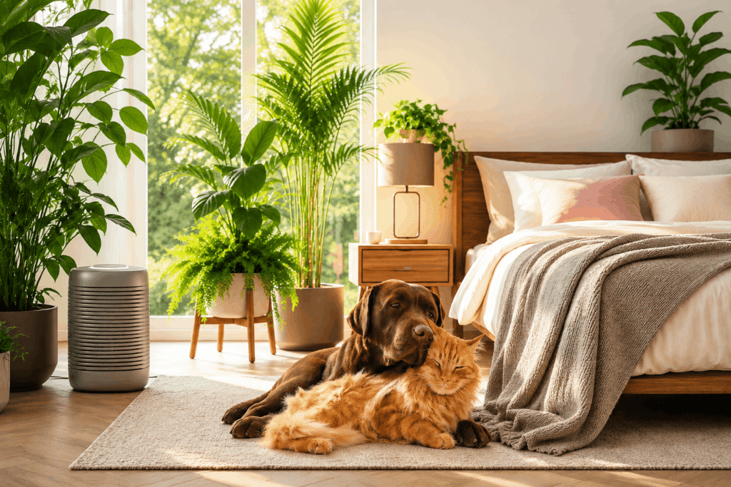 Dog and cat relaxing on a carpet beside a bed in a bright bedroom filled with pet-safe indoor plants, natural sunlight, and a healthy wellness-focused home environment.