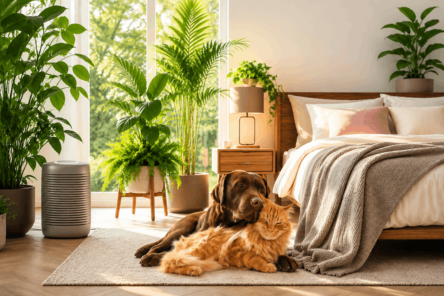 Dog and cat relaxing on a carpet beside a bed in a bright bedroom filled with pet-safe indoor plants, natural sunlight, and a healthy wellness-focused home environment.