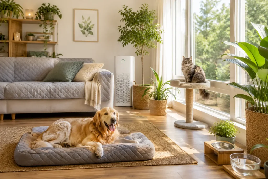 Bright modern pet-friendly living room with a relaxed golden retriever on an orthopedic dog bed, a cat on a window perch, pet-safe indoor plants, clean air, protected sofa, and healthy home environment.
