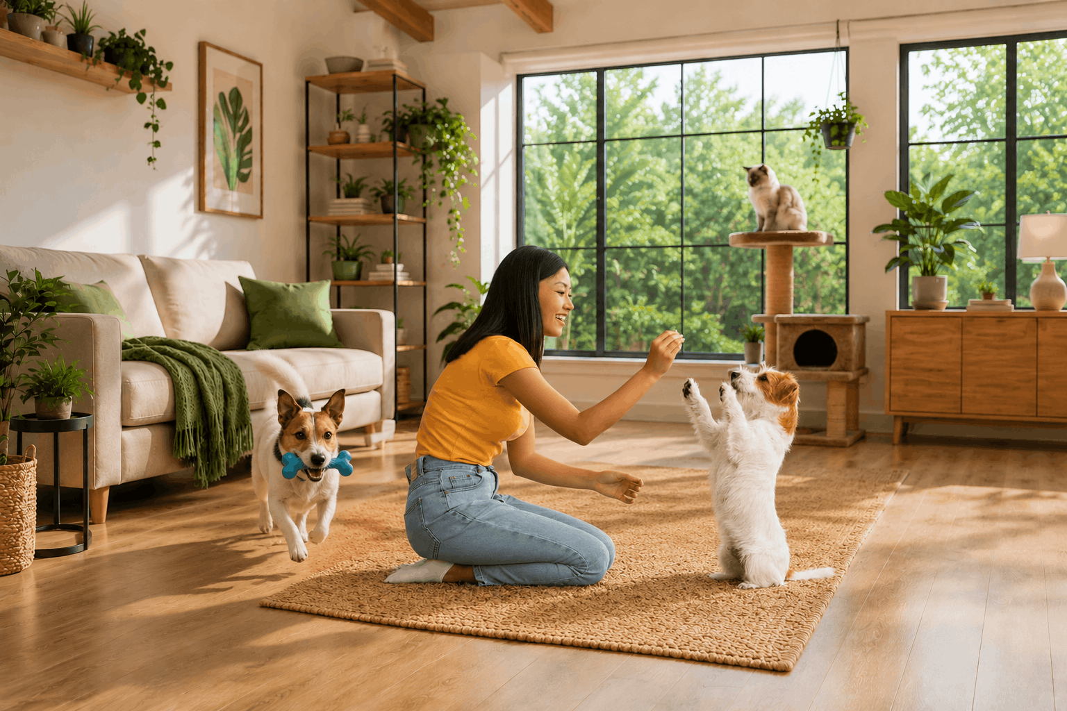 Modern pet-friendly living room featuring a woman interacting with two dogs, a cat on a cat tree, natural sunlight, pet-safe plants, and a healthy indoor environment that supports pet wellness.