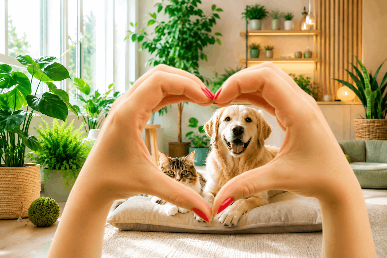 Pet wellness home with dog and cat relaxing in a bright pet-friendly room surrounded by safe indoor plants and a healthy living environment