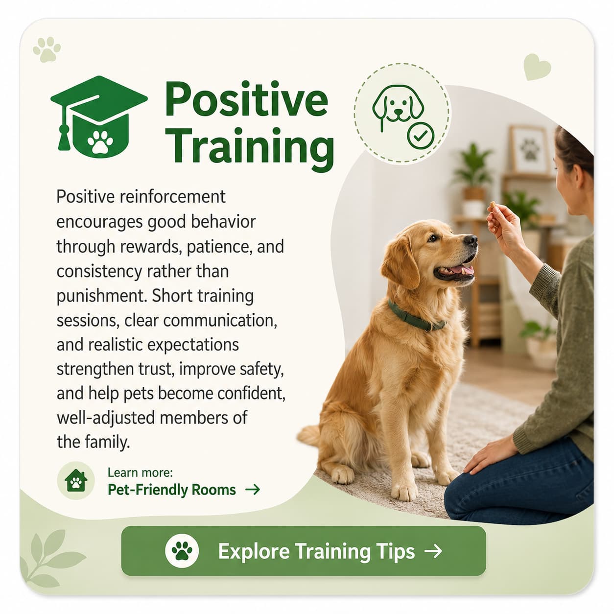 Positive pet training card illustrating reward-based training that builds trust, confidence, and good behavior.