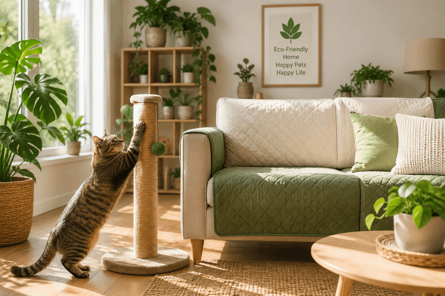Cat using a scratching post beside a protected sofa in a bright eco-friendly living room with indoor plants and natural sunlight.