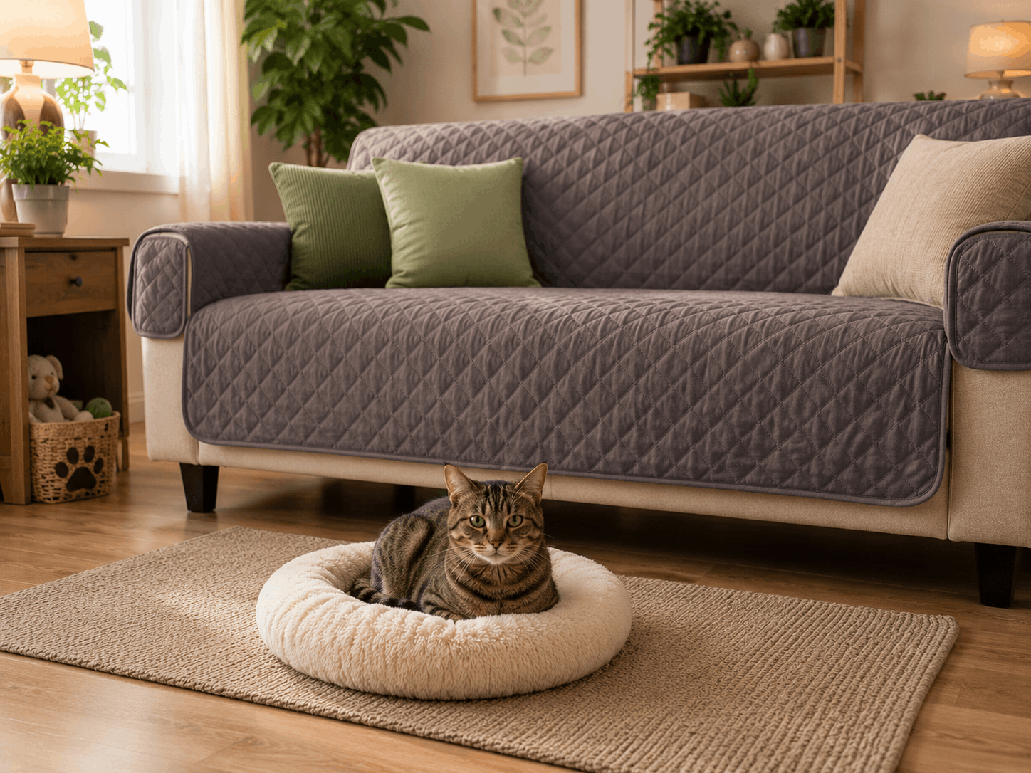 Cat resting on a pet bed beside a sofa protected with a quilted furniture cover in a clean pet-friendly living room.