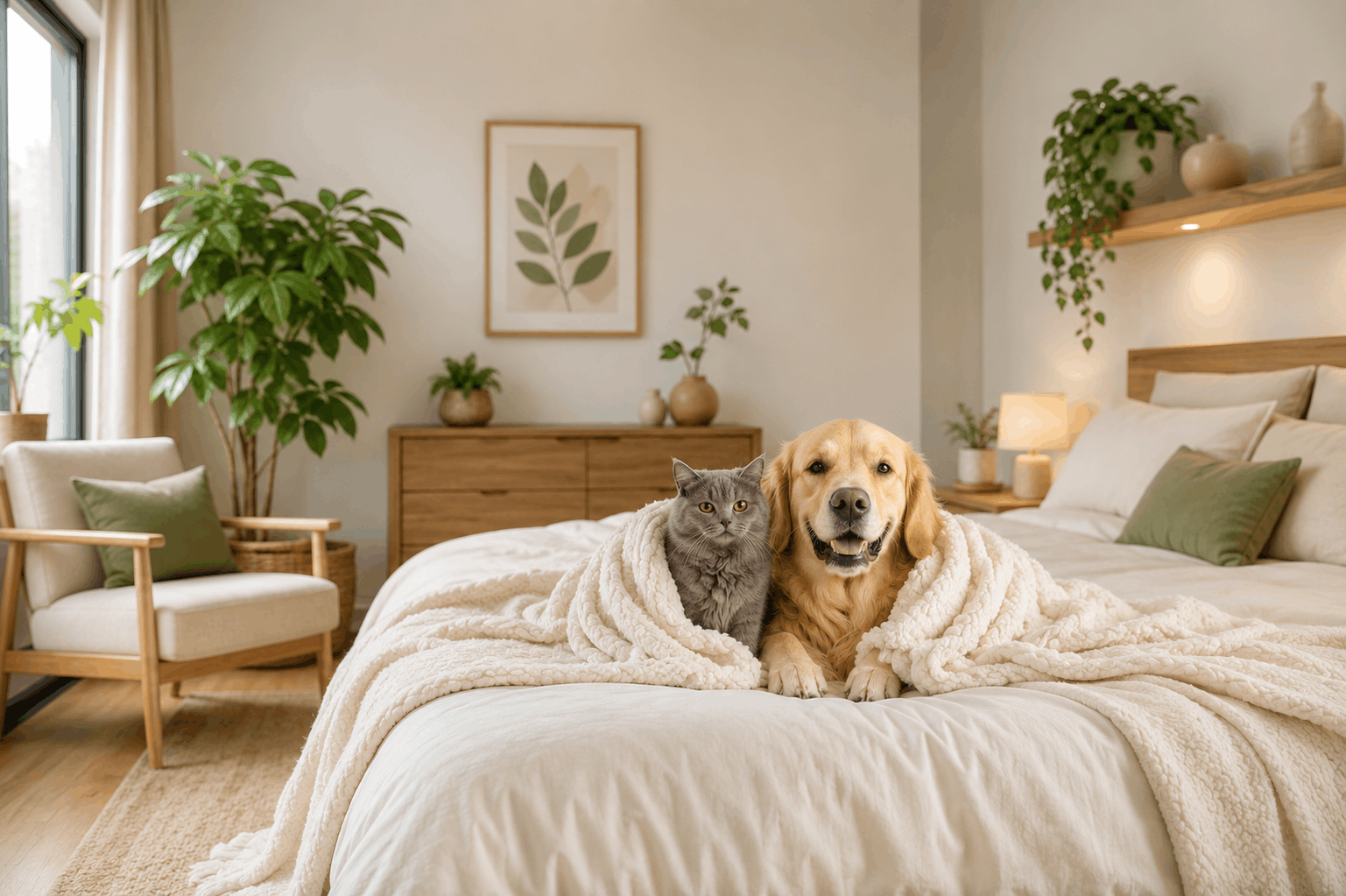 Dog and cat relaxing together in a cozy pet-friendly bedroom with natural décor and indoor plants.