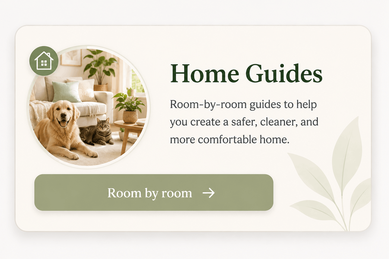 Room-by-room pet home guide card featuring a dog and cat in a modern pet-friendly living room.