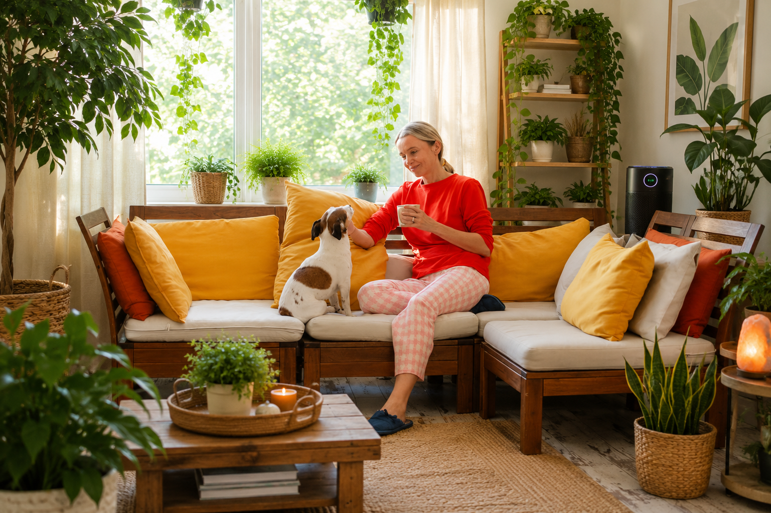 Woman relaxing with her dog in a bright healthy indoor environment featuring natural light, pet-safe plants, clean air, and a comfortable pet-friendly living room.